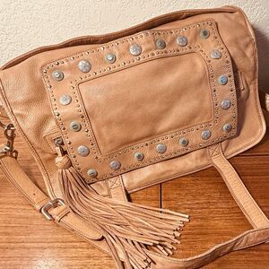 Vintage Luxury SHANGHAI TANG  Camel Calfskin Messenger Flap Bag Studded Tassel